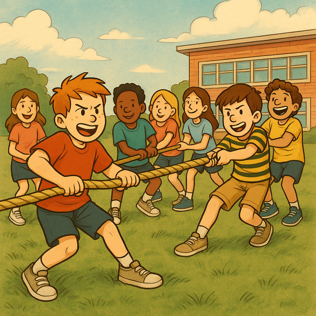 Students in a tug-of-war during a classroom team challenge