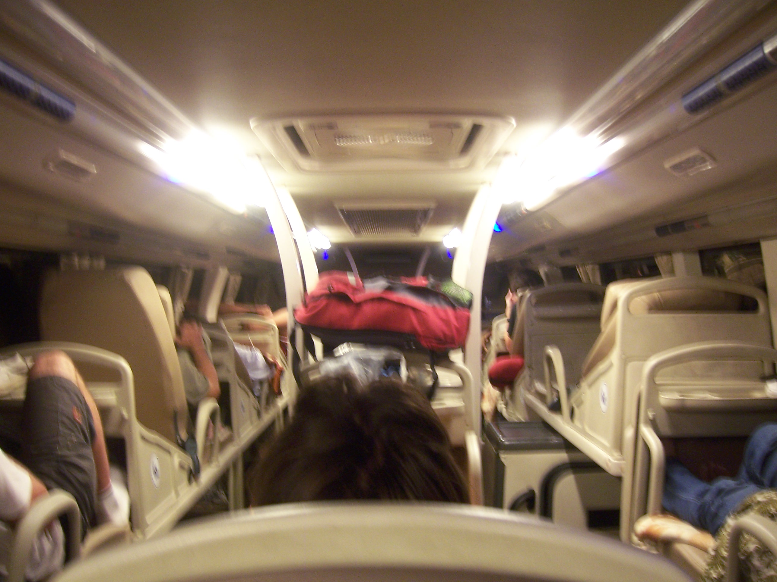 Inside a sleeper bus at night