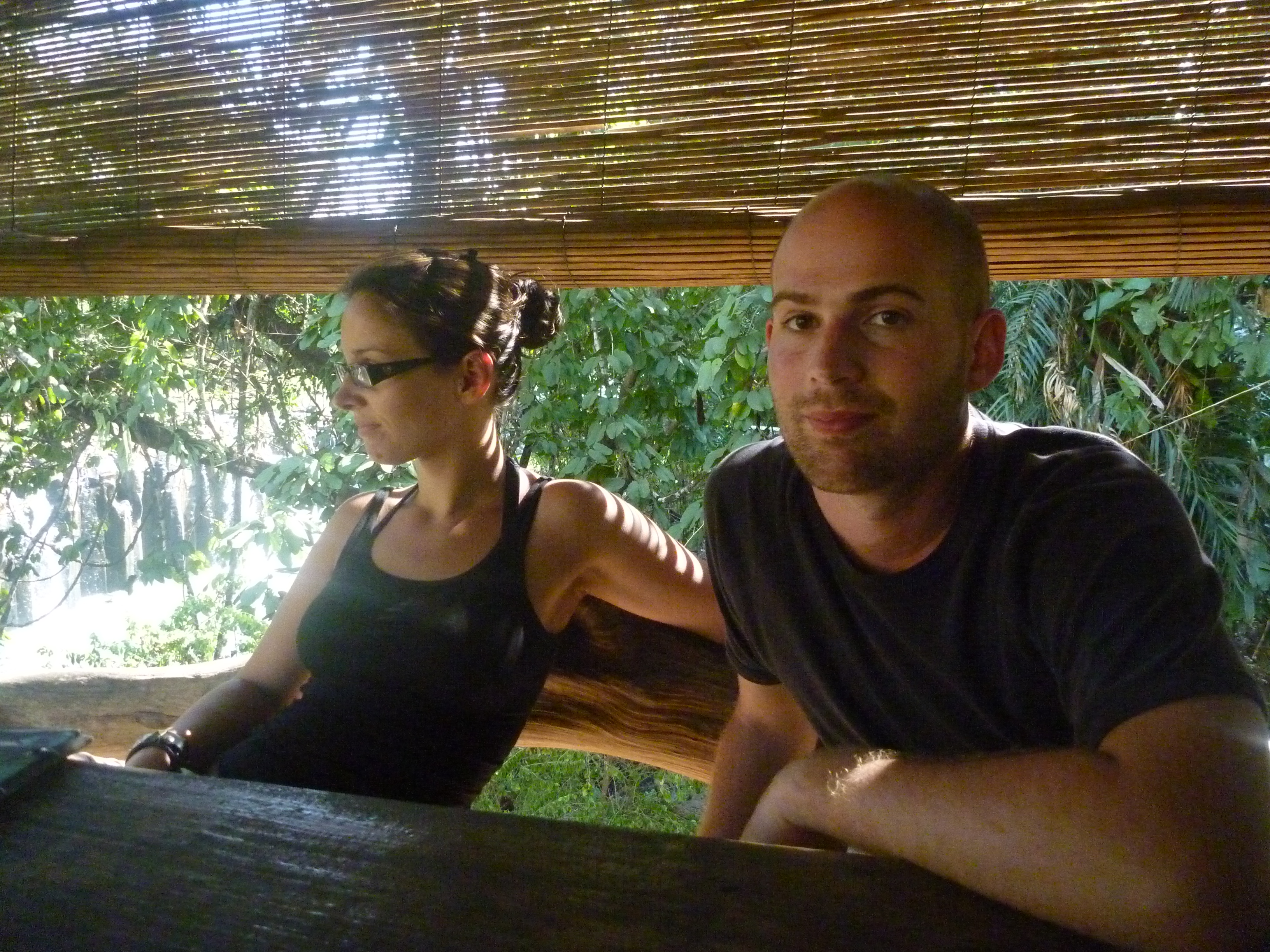 Elli and I by the bamboo blinds